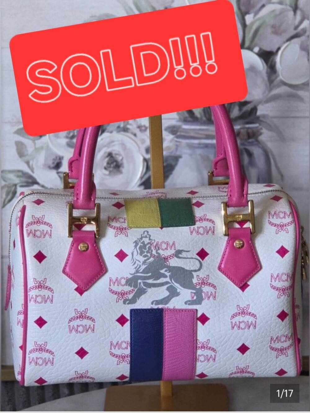 MCM Princess Lion White Satchel with Pink Handles & Trim W/ Gold Hardware - Picture 1 of 17